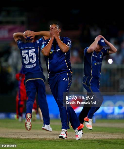 Rory Kleinveldt of Capricorn Commanders reacts after a missed opportunity to run out Virender Sehwag of Gemini Arabians during the Oxigen Masters...