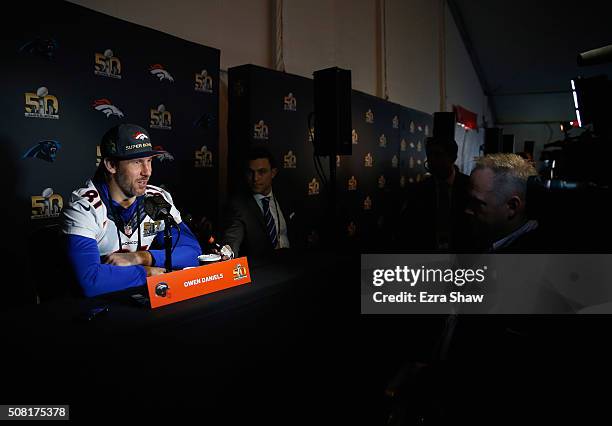 Owen Daniels of the Denver Broncos speaks to the media during the Broncos media availability for Super Bowl 50 at the Santa Clara Marriott on...