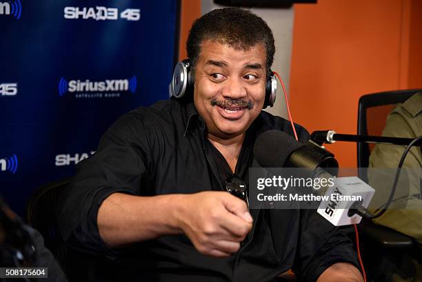 Neil deGrasse Tyson visits 'Sway in the Morning' with Sway Calloway on Eminem's Shade 45 at SiriusXM Studios on February 3, 2016 in New York City.