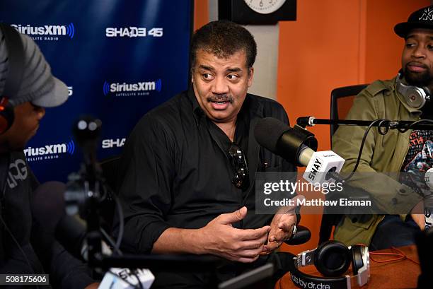 Neil deGrasse Tyson visits 'Sway in the Morning' with Sway Calloway on Eminem's Shade 45 at SiriusXM Studios on February 3, 2016 in New York City.