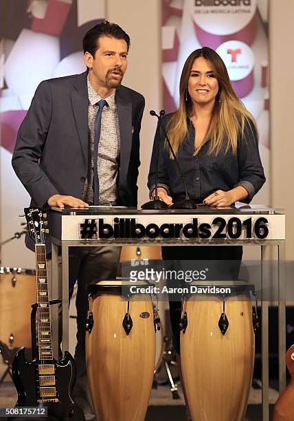 Eduardo Vinegary and Erika de la Vega attend 2016 Billboard Latin Music Awards press conferece at Gibson Guitar Miami Showroom on February 3, 2016 in...