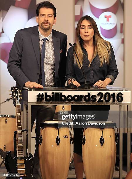 Eduardo Vinegary and Erika de la Vega attend 2016 Billboard Latin Music Awards press conferece at Gibson Guitar Miami Showroom on February 3, 2016 in...