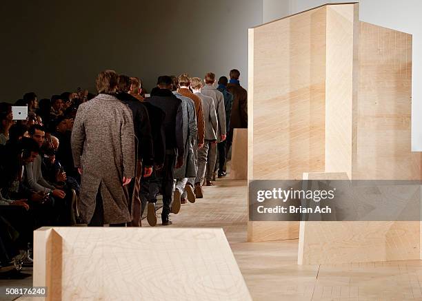 Models walk the runway during the Perry Ellis runway show during New York Fashion Week Men's Fall/Winter 2016 at Skylight at Clarkson Sq on February...