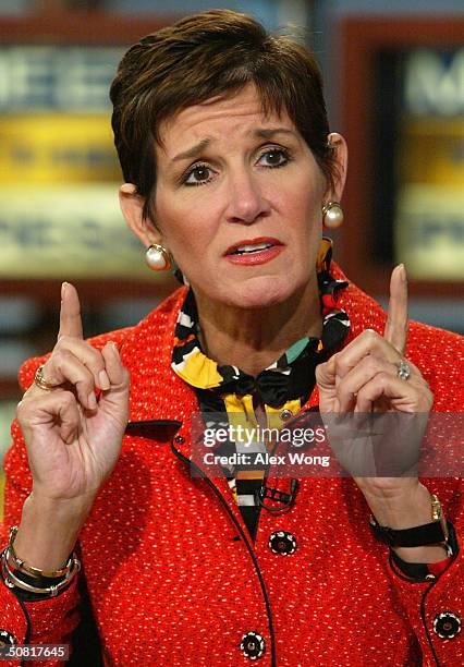 Republican strategist Mary Matalin gestures as she speaks during a roundtable discussion on NBC's "Meet the Press" at the NBC studios May 9, 2004 in...