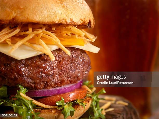 gourmet burger, fries and a beer - cheeseburger sliders stock pictures, royalty-free photos & images