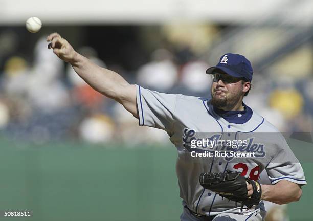 Eric Gagne of the Los Angeles Dodgers pitches against the Pittsburgh Pirates on May 9, 2004 at PNC Park in Pittsburgh, Pennsylvania.