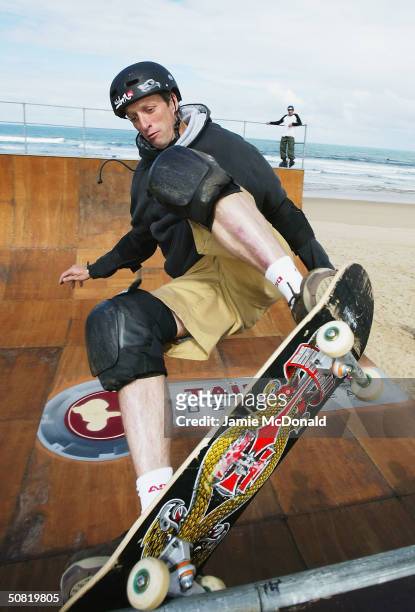 Ex-World Skateboarding champion Tony Hawk gets airbourne during the second day of the Laureus Beach Festival, on May 10, 2004 in Estoril, Portugal.