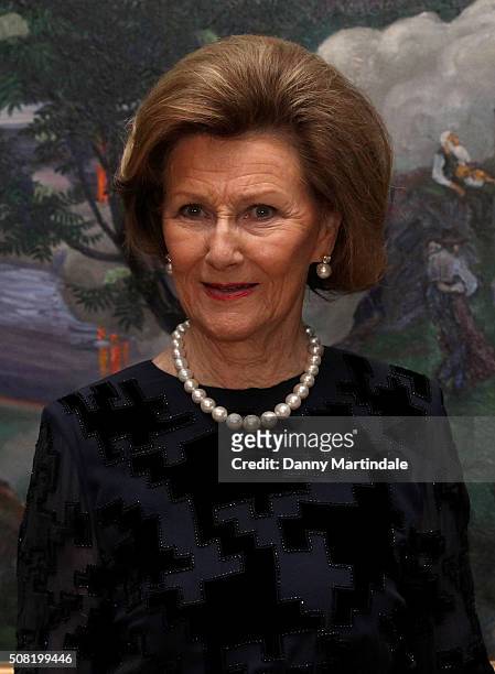 Queen Sonja of Norway Opens Nikolai Astrup: Painting Norway Exhibition at Dulwich Picture Gallery on February 3, 2016 in London, England.