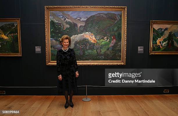 Queen Sonja of Norway Opens Nikolai Astrup: Painting Norway Exhibition at Dulwich Picture Gallery on February 3, 2016 in London, England.