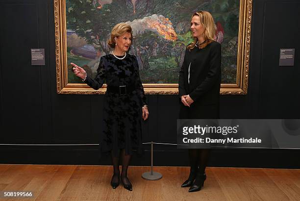 Queen Sonja of Norway and the Norwegian Culture Minister Linda Hafstand open Nikolai Astrup: Painting Norway Exhibition at Dulwich Picture Gallery on...