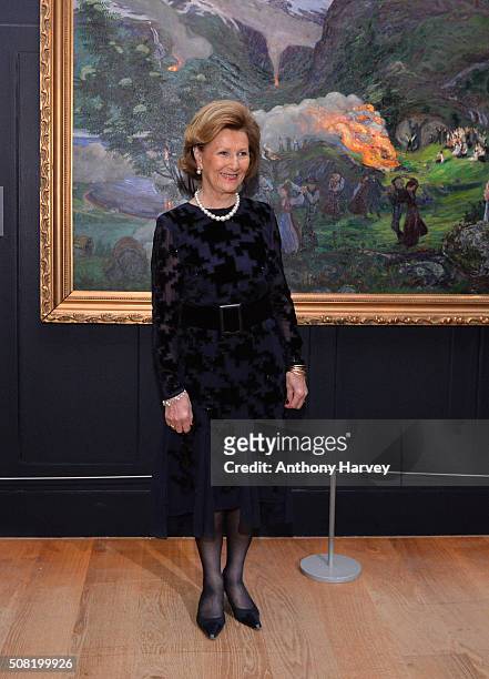 Queen Sonja of Norway opens the Nikolai Astrup: Painting Norway Exhibition at Dulwich Picture Gallery on February 3, 2016 in London, England.
