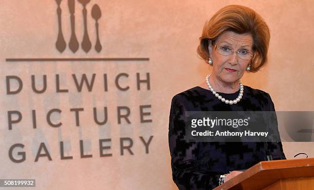 Queen Sonja of Norway opens the Nikolai Astrup: Painting Norway Exhibition at Dulwich Picture Gallery on February 3, 2016 in London, England.