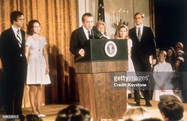 American politician Richard Nixon at the White House with his family after his resignation as President, 9th August 1974. From left, son-in-law David...