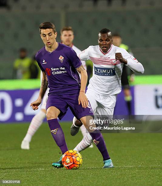 Matias Vecino of Fiorentina competes for the ball with Isaac Cofie of Carpi during the Serie A match between ACF Fiorentina and Carpi FC at Stadio...