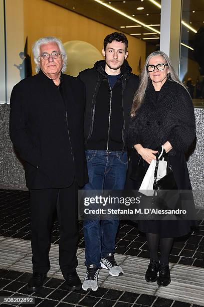 Germano Celant, Argento Celant and Paris Murray attend the opening of 'Goshka Macuga: To The Son of Man Who Ate the Scroll' at Fondazione Prada on...