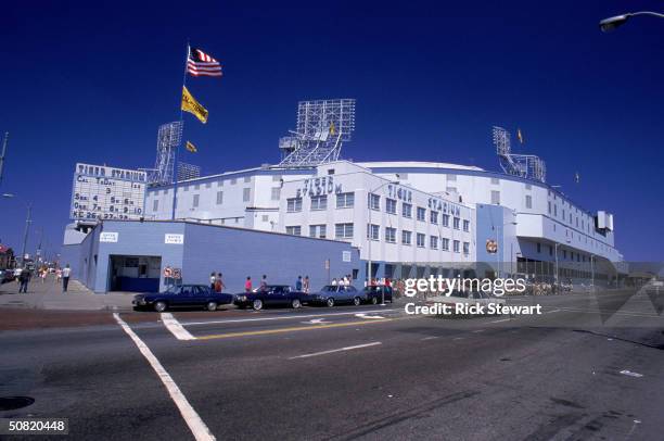 General view shows Tiger Stadium from the street outside circa 1989 in Detroit, Michigan.