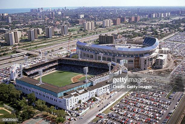 An aerial view of the old and new Comiskey Parks circa 1990 in Chicago, Illinois.