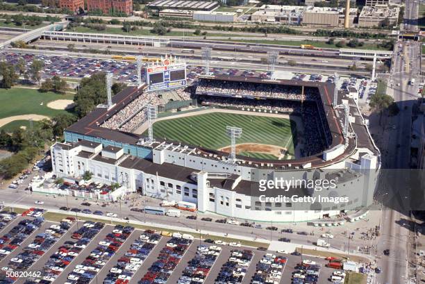 An aerial view of Comiskey Park circa 1990 in Chicago, Illinois.