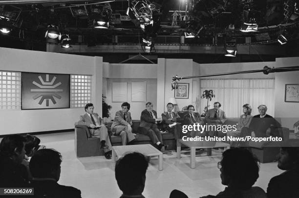 View of the BBC television Breakfast Time studios with guests on a sofa with presenters Selina Scott and Frank Bough on far right in London on 21st...