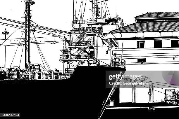 ilustraciones, imágenes clip art, dibujos animados e iconos de stock de buque de carga en las esclusas de miraflores del canal de panamá - panama canal