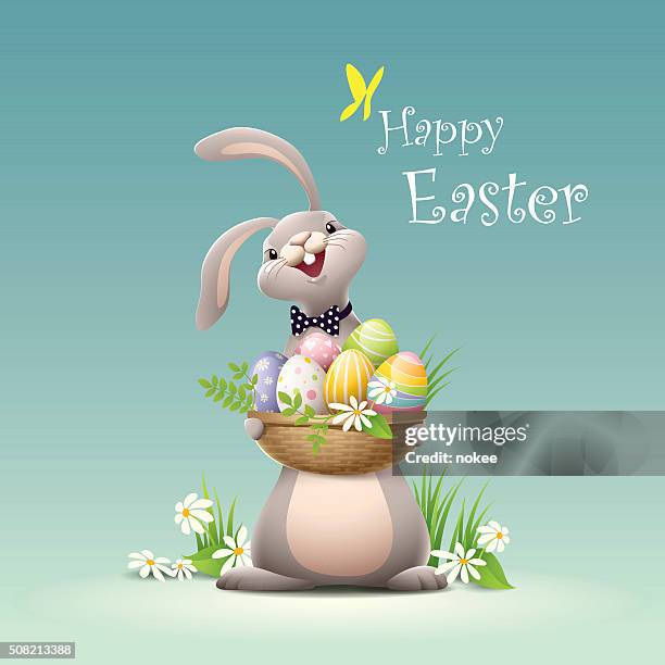 happy easter - bunny holding basket full of eggs - easter rabbit stock illustrations