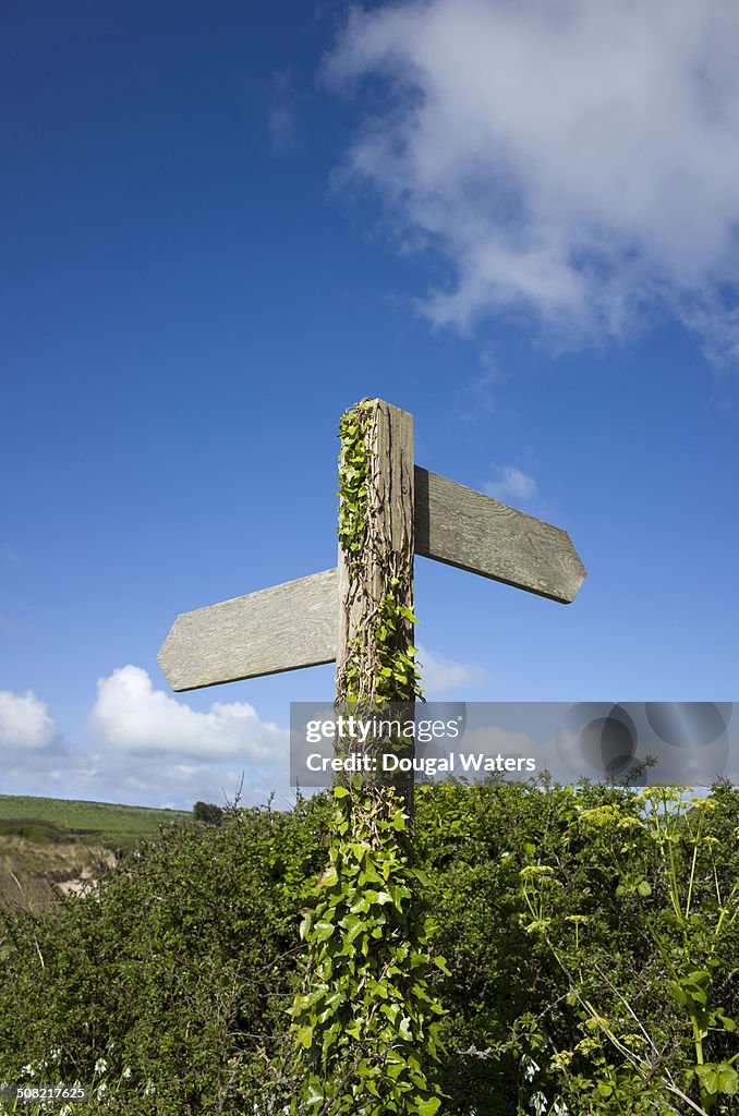 Old wooden sign post in countryside