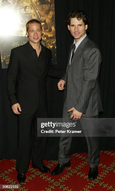 Actors Brad Pitt and Eric Bana attend the premiere of "Troy" May 10, 2004 in New York City.