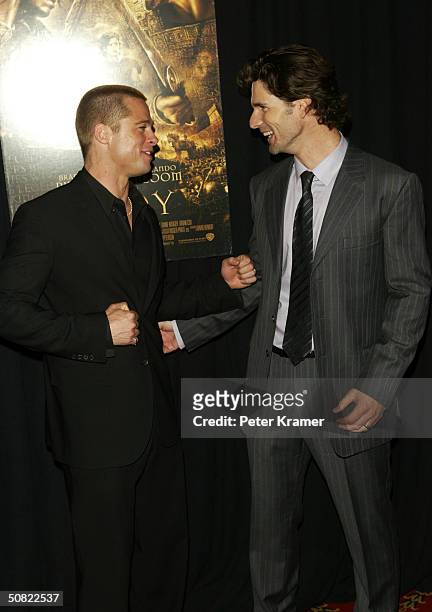 Actors Brad Pitt and Eric Bana attend the premiere of "Troy" May 10, 2004 in New York City.