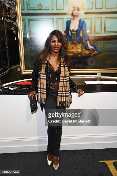 Sinitta attends a private view of "Decadence", the new exhibition by American photographer Tyler Shields, at Maddox Gallery on February 3, 2016 in...
