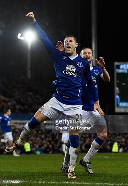 Ross Barkley of Everton celebates after scoring his team's second goal from the penalty spot during the Barclays Premier League match between Everton...