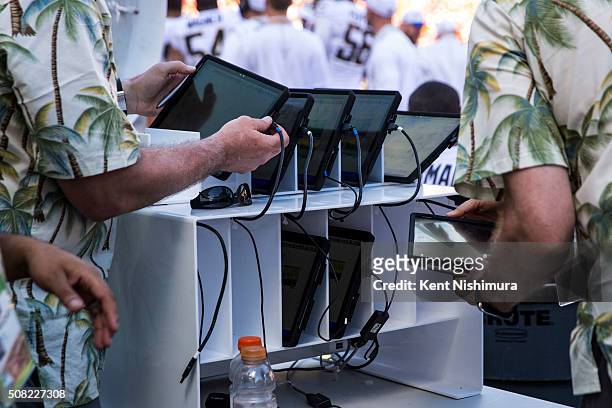 Microsoft Surface tablets on the Team Rice sideline during the second half of the 2016 NFL Pro Bowl at Aloha Stadium on January 31, 2016 in Honolulu,...