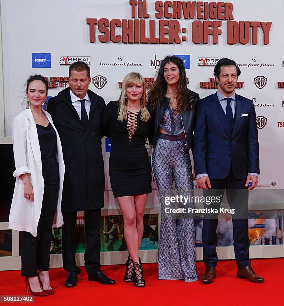 Alyona Konstantinova, Til Schweiger, Luna Schweiger, Berrak Tuezuenatac and Fahri Yardim attend the 'Tschiller: Off Duty' German Premiere In Berlin...