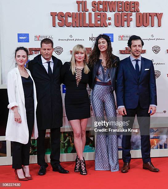 Alyona Konstantinova, Til Schweiger, Luna Schweiger, Berrak Tuezuenatac and Fahri Yardim attend the 'Tschiller: Off Duty' German Premiere In Berlin...