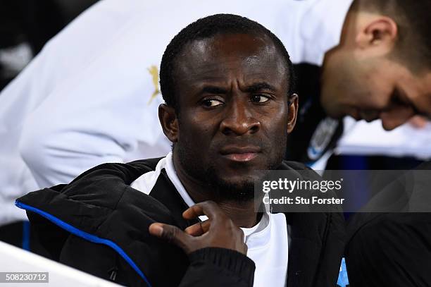 Substitute Seydou Doumbia of Newcastle looks on during the Barclays Premier League match between Everton and Newcastle United at Goodison Park on...