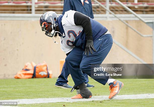 Sylvester Williams of the Denver Broncos runs a drill during the Broncos practice for Super Bowl 50 at Stanford University on February 3, 2016 in...