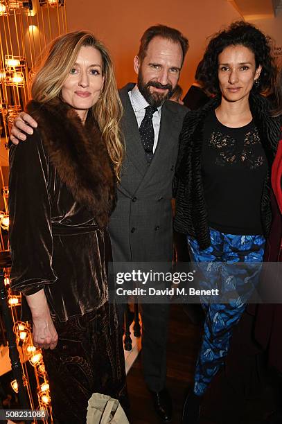 Natascha McElhone, Ralph Fiennes and Indira Varma attend the press night after party for "The Master Builder" at The Old Vic Theatre on February 3,...