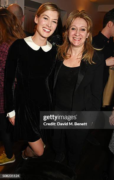 Rosamund Pike and Sonia Friedman attend the press night after party for "The Master Builder" at The Old Vic Theatre on February 3, 2016 in London,...