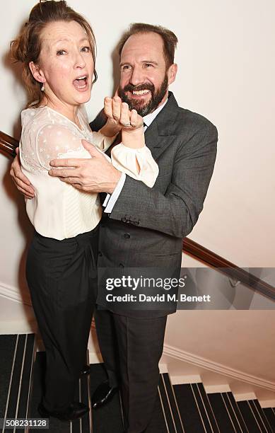 Lesley Manville and Ralph Fiennes attend the press night after party for "The Master Builder" at The Old Vic Theatre on February 3, 2016 in London,...