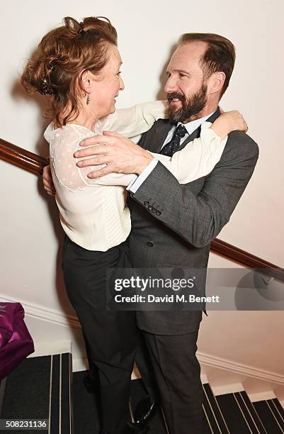 Lesley Manville and Ralph Fiennes attend the press night after party for "The Master Builder" at The Old Vic Theatre on February 3, 2016 in London,...