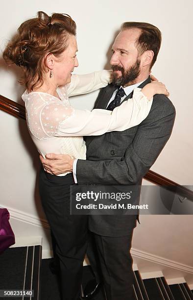 Lesley Manville and Ralph Fiennes attend the press night after party for "The Master Builder" at The Old Vic Theatre on February 3, 2016 in London,...