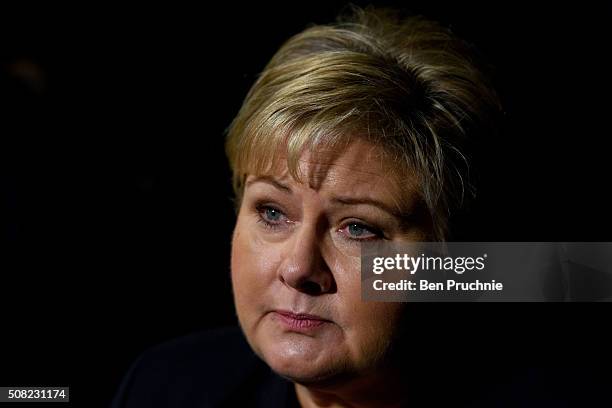Prime Minister Erna Solberg speaks to journalists outside Number 10 Downing Street on February 3, 2016 in London, England. The Norwegian Prime...