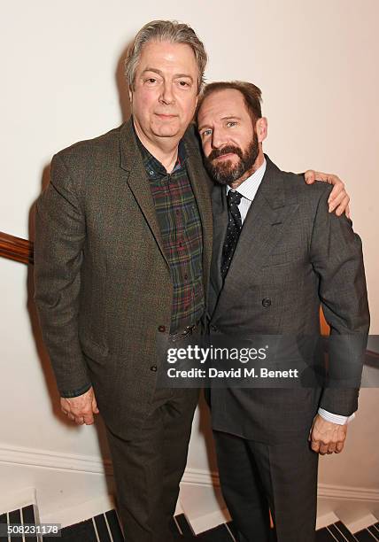 Roger Allam and Ralph Fiennes attend the press night after party for "The Master Builder" at The Old Vic Theatre on February 3, 2016 in London,...