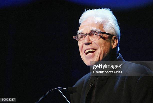 John Guare speaks during the Dramatists Guild Fifth Annual Benefit Dinner at the Hudson Theater May 10, 2004 in New York City.