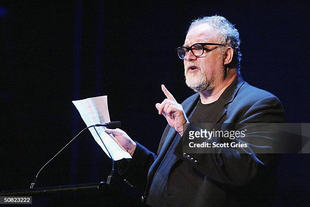 William Finn speaks during the Dramatists Guild Fifth Annual Benefit Dinner at the Hudson Theater May 10, 2004 in New York City.