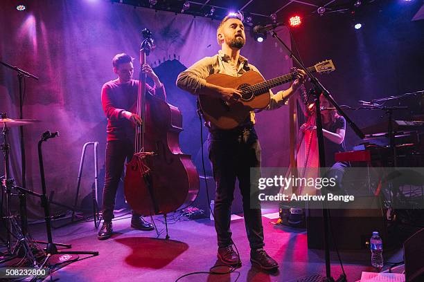 Danny Snow, Conor O'Brien and Mali Llywelyn of Villagers perform on stage at Brudenell Social Club on February 3, 2016 in Leeds, England.