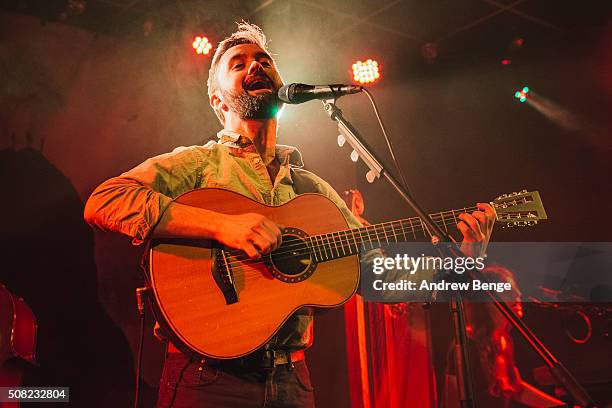 Conor O'Brien of Villagers performs on stage at Brudenell Social Club on February 3, 2016 in Leeds, England.