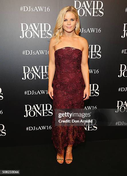 Emma Freedman arrives ahead of the David Jones Autumn/Winter 2016 Fashion Launch at David Jones Elizabeth Street Store on February 3, 2016 in Sydney,...