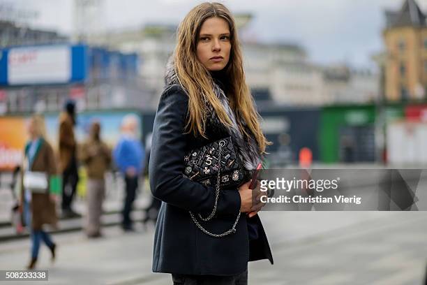 Danish fashion model Caroline Brasch Nielsen outside Tonsure during the Copenhagen Fashion Week Autumn/Winter 2016 on February 3, 2016 in Copenhagen,...