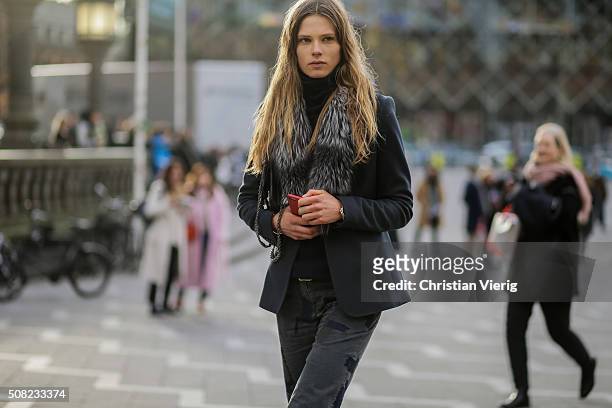 Danish fashion model Caroline Brasch Nielsen outside Tonsure during the Copenhagen Fashion Week Autumn/Winter 2016 on February 3, 2016 in Copenhagen,...