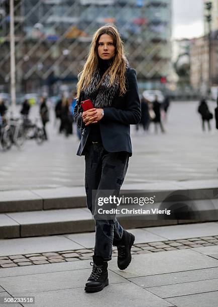 Danish fashion model Caroline Brasch Nielsen outside Tonsure during the Copenhagen Fashion Week Autumn/Winter 2016 on February 3, 2016 in Copenhagen,...